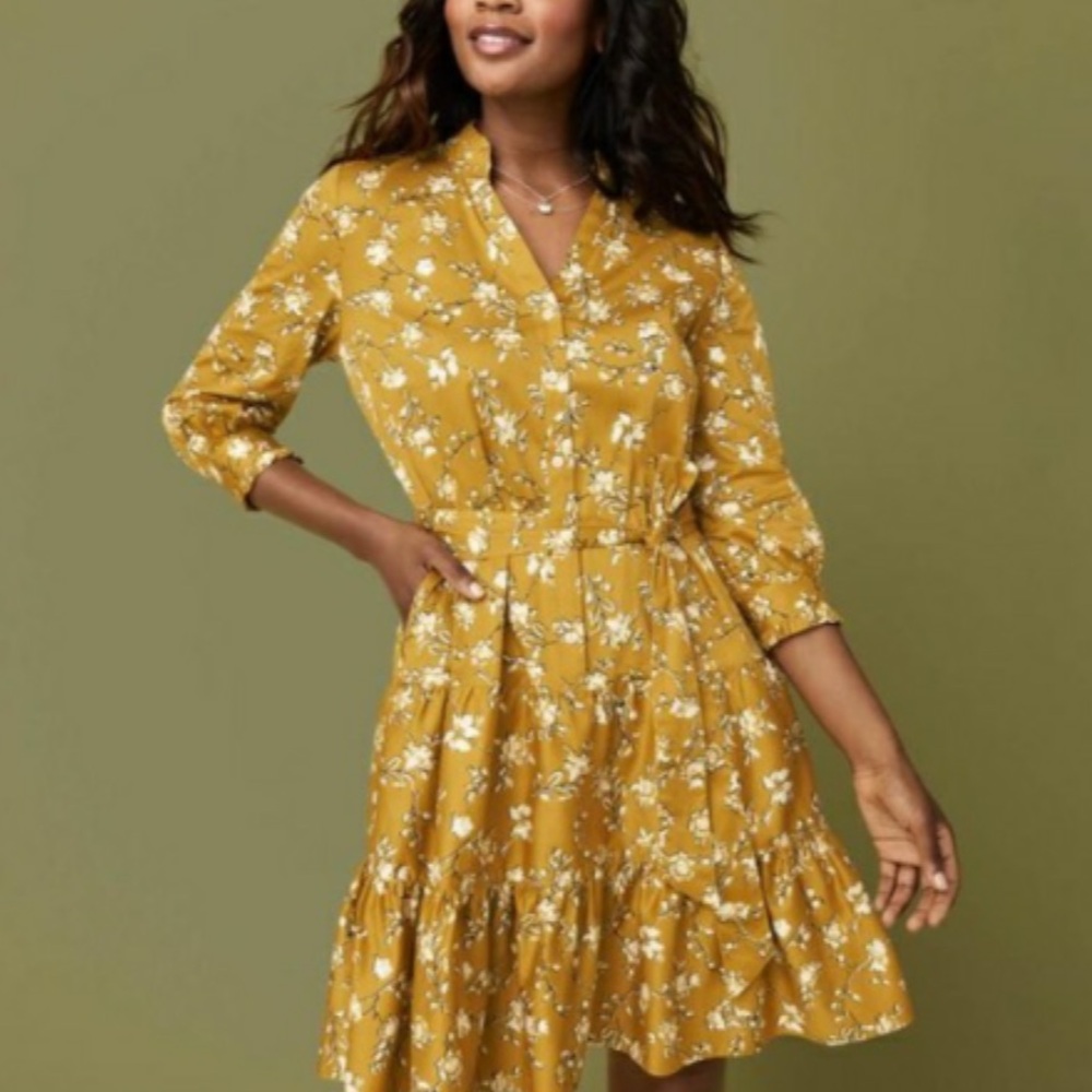 UNTUCKit Jane Shirt Dress Womens 12 Yellow Floral Tie Tiered V-Neck Long Sleeve